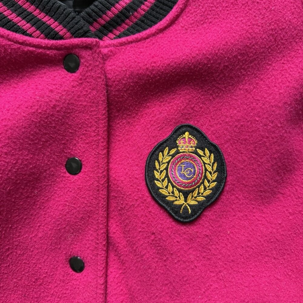 Vintage Lizsport Hot Pink Varsity Bomber Jacket Women’s Large Wool Leather Patch - Picture 3 of 11